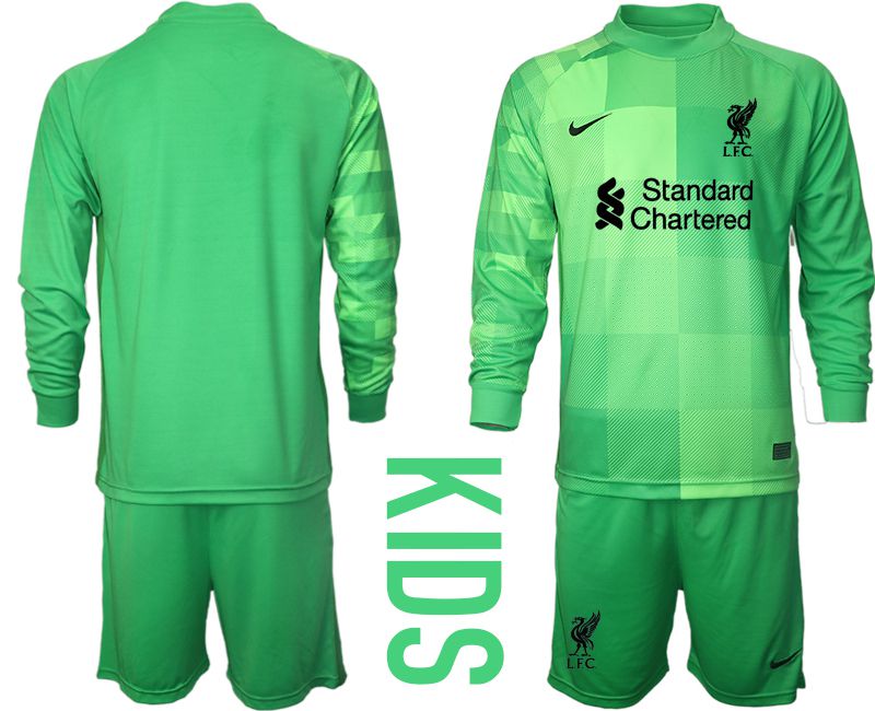 Youth 2021-2022 Club Liverpool green goalkeeper long sleeve blank Soccer Jersey->youth soccer jersey->Youth Jersey